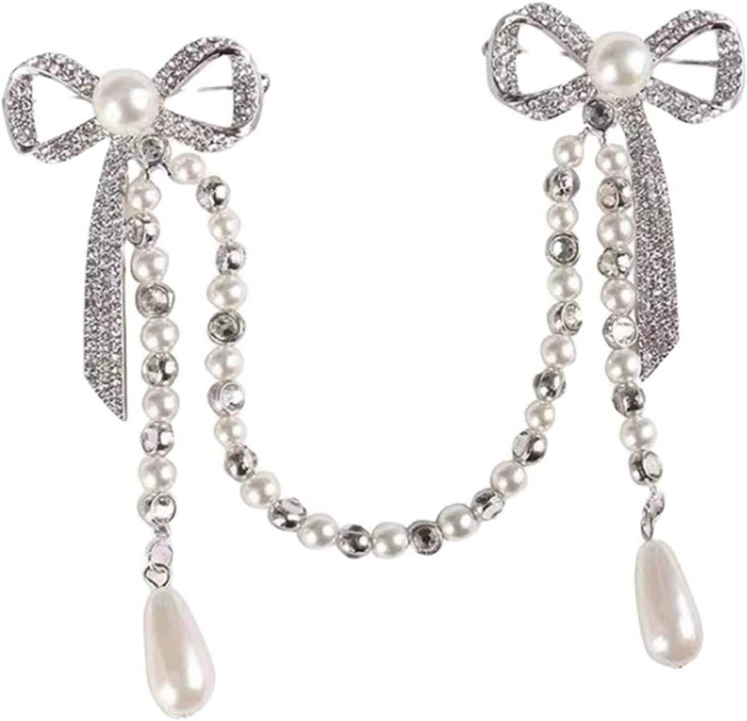Glorymm Rhinestone Pearl Brooch Simple Bowknot Collar Pin Crystal Lapel Pin Bow Brooch Badge for Women,Silver Rhinestones, as the Description Silver Rhinestones