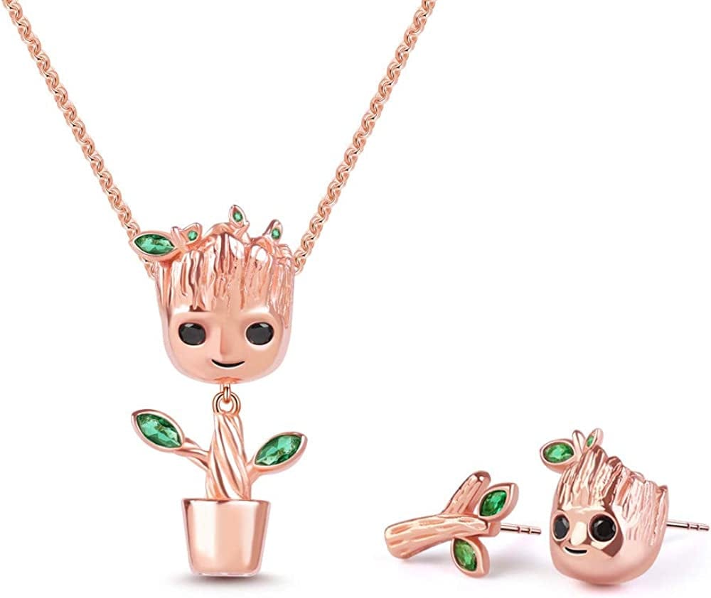 Gnoce Tree Man Pendant Necklace and Stud Earrings Sterling Silver Rose Gold Jewelry Set Gift for Women Men Girls
