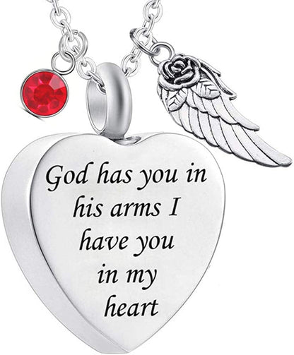 God Has You in His Arms with Angel Wing Charm Cremation Ashes Jewelry Keepsake Memorial Urn Necklace with Birthstone Crystal July