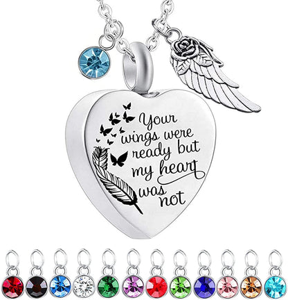 God Has You in His Arms with Angel Wing Charm Cremation Ashes Jewelry Keepsake Memorial Urn Necklace with Birthstone Crystal Your +Angel Wing&12 Pcs Birthstone