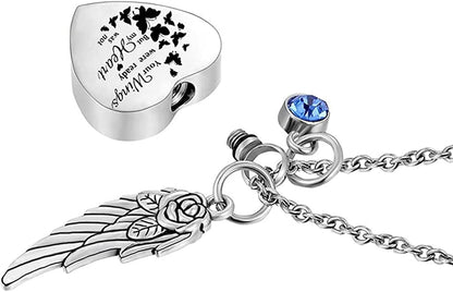 God Has You in His Arms with Angel Wing Charm Cremation Ashes Jewelry Keepsake Memorial Urn Necklace with Birthstone Crystal