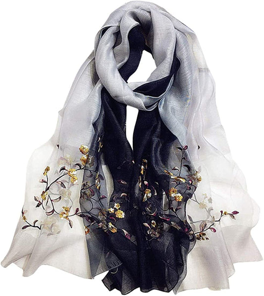 GOFINEE Women Silk&Wool Gradient Embroidered Scarf Headwrap Shawl Apparel & Accessories > Clothing Accessories > Scarves & Shawls GOFINEE Black  