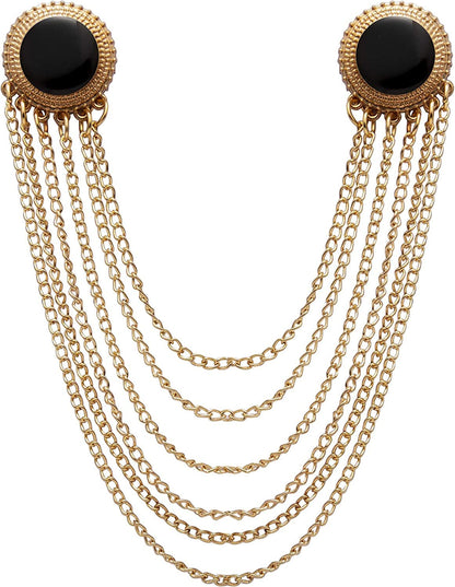Gold and Black Enamel and Set of Hanging Chain Detailing Formal Lapel Pin Brooch for Men