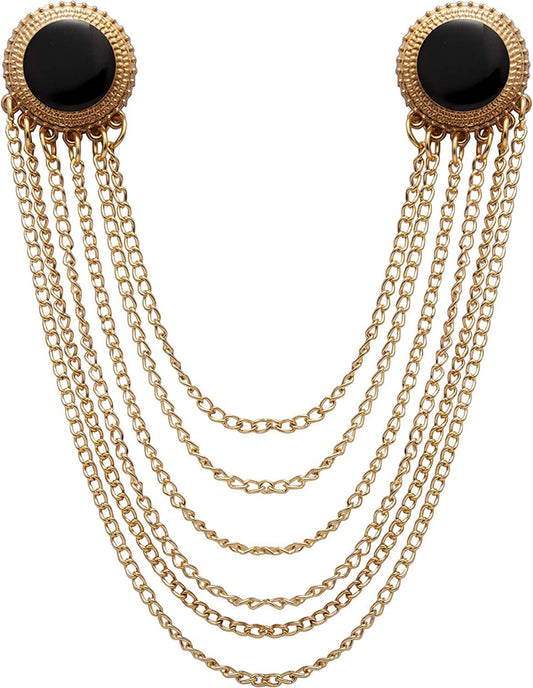 Gold and Black Enamel and Set of Hanging Chain Detailing Formal Lapel Pin Brooch for Men