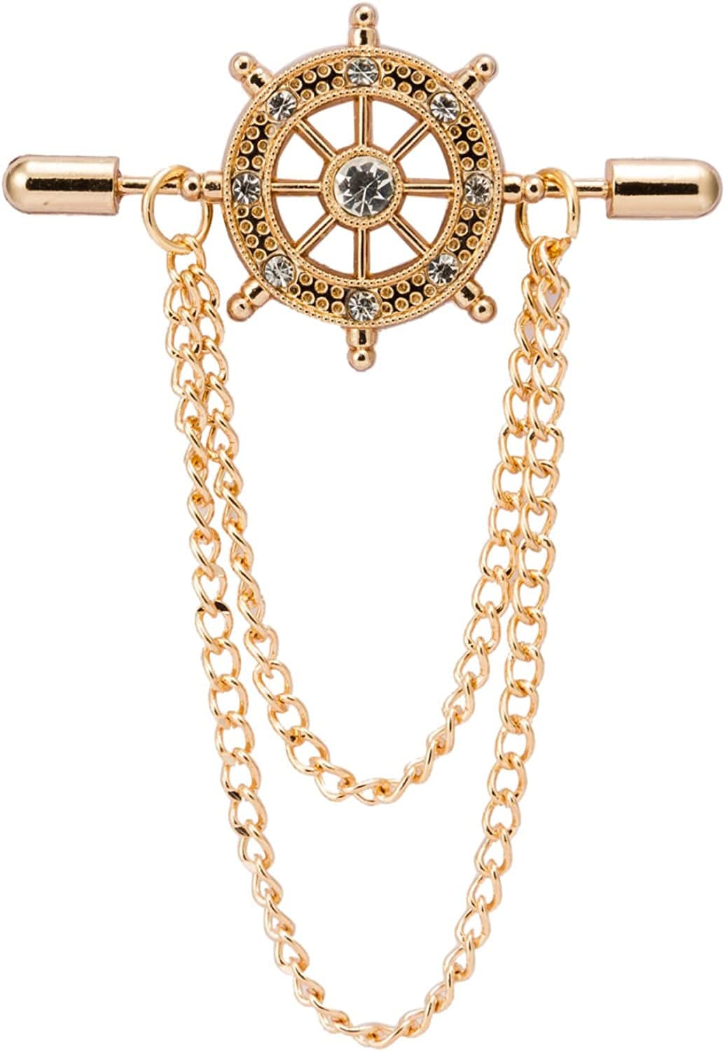 Gold Crystal Ship'S Steering Wheel with Chain Lapel Pin Badge Coat Suit Collar Accessories Brooch for Men
