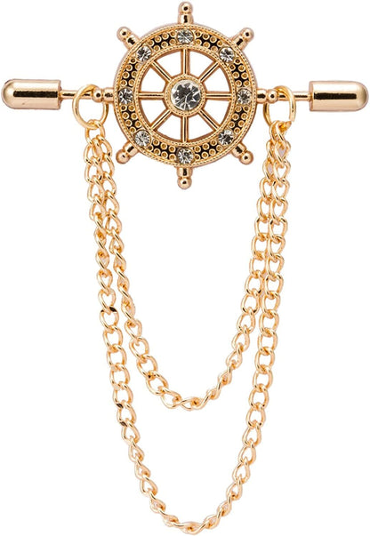Gold Crystal Ship'S Steering Wheel with Chain Lapel Pin Badge Coat Suit Collar Accessories Brooch for Men