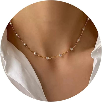 Gold Dainty Choker Necklace for Women, 14K Gold/Silver Plated Layered Satellite Bead Choker Thin Trendy Layering Discs Paperclip Necklaces Minimalist Simple Toggle Cuban Chain Jewelry Gift Gold pearl