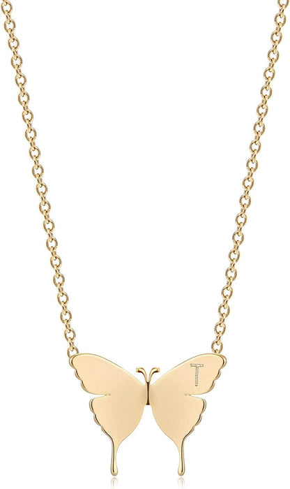 Gold Dainty Initial Necklace 18K Gold Plated Butterfly Pendant Name Necklaces Delicate Everyday Necklace for Women Minimalist Personalized Jewelry Christmas Gift T