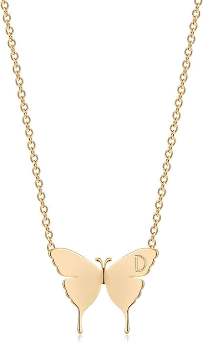 Gold Dainty Initial Necklace 18K Gold Plated Butterfly Pendant Name Necklaces Delicate Everyday Necklace for Women Minimalist Personalized Jewelry Christmas Gift D