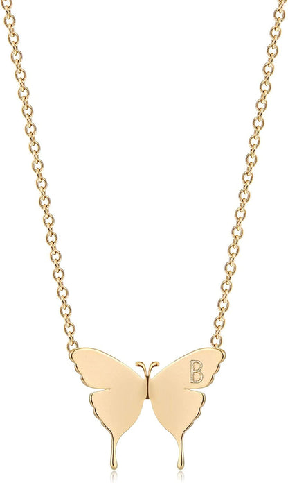 Gold Dainty Initial Necklace 18K Gold Plated Butterfly Pendant Name Necklaces Delicate Everyday Necklace for Women Minimalist Personalized Jewelry Christmas Gift B