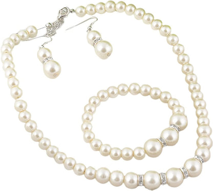 Gold Diamond Double Love Pendant Necklace Earrings Bracelet Sweet and Ladies Wedding Jewelry Set White Faux Pearl #1