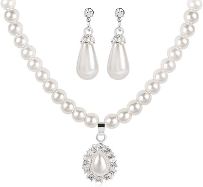 Gold Diamond Double Love Pendant Necklace Earrings Bracelet Sweet and Ladies Wedding Jewelry Set White Faux Pearl #2