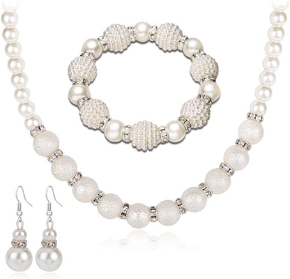 Gold Diamond Double Love Pendant Necklace Earrings Bracelet Sweet and Ladies Wedding Jewelry Set White Faux Pearl #3