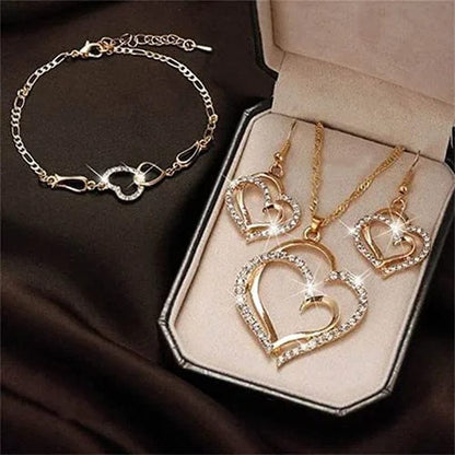 Gold Diamond Double Love Pendant Necklace Earrings Bracelet Sweet and Ladies Wedding Jewelry Set