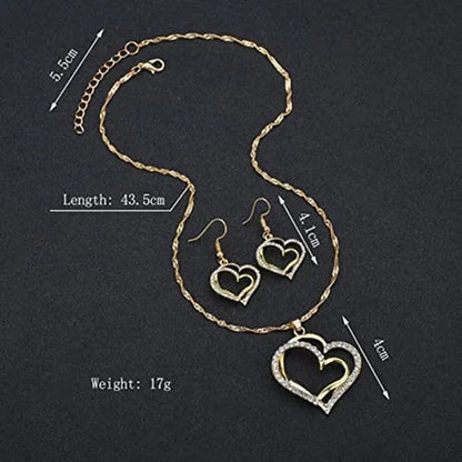 Gold Diamond Double Love Pendant Necklace Earrings Bracelet Sweet and Ladies Wedding Jewelry Set