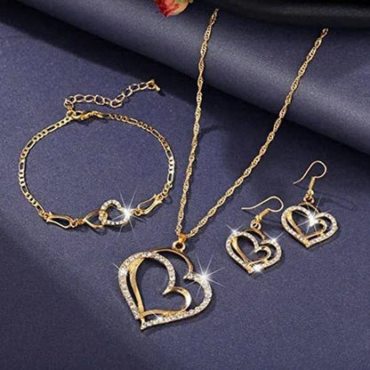 Gold Diamond Double Love Pendant Necklace Earrings Bracelet Sweet and Ladies Wedding Jewelry Set