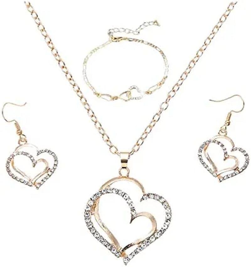 Gold Diamond Double Love Pendant Necklace Earrings Bracelet Sweet and Ladies Wedding Jewelry Set Gold