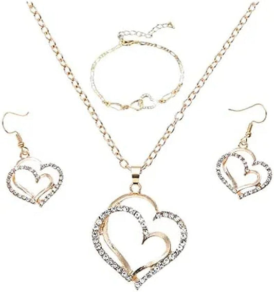 Gold Diamond Double Love Pendant Necklace Earrings Bracelet Sweet and Ladies Wedding Jewelry Set Gold
