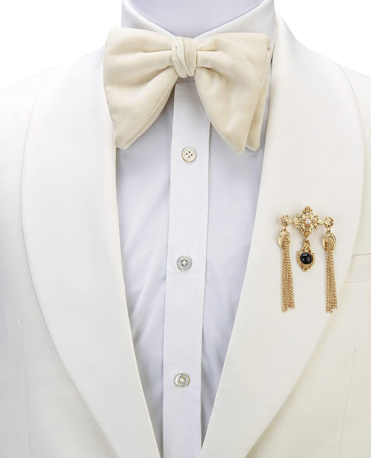 Gold Engraving Imitation Pearl Black Stone and Hanging Chain Metal Lapel Pin Brooch for Men
