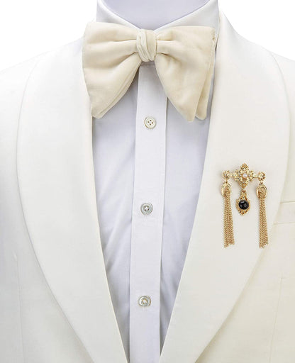 Gold Engraving Imitation Pearl Black Stone and Hanging Chain Metal Lapel Pin Brooch for Men