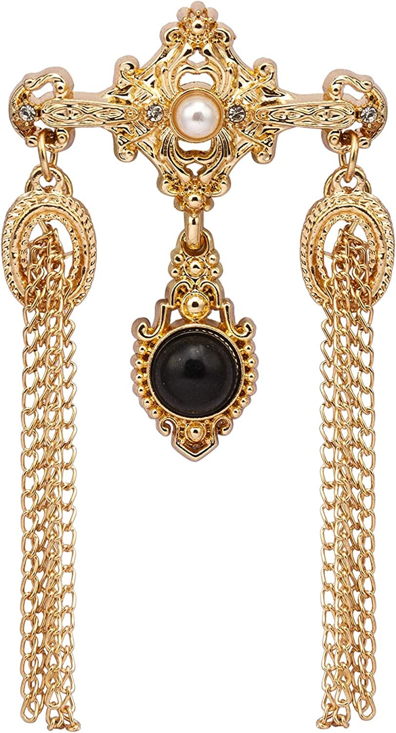 Gold Engraving Imitation Pearl Black Stone and Hanging Chain Metal Lapel Pin Brooch for Men