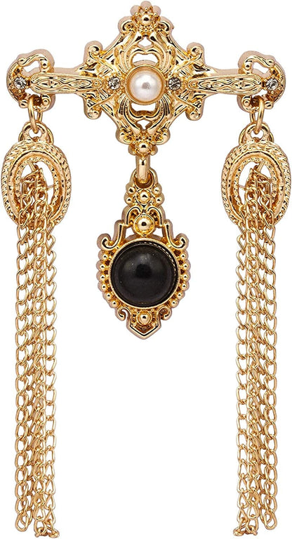 Gold Engraving Imitation Pearl Black Stone and Hanging Chain Metal Lapel Pin Brooch for Men