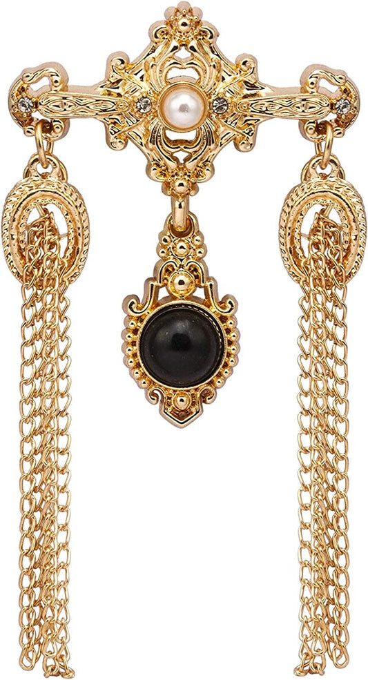 Gold Engraving Imitation Pearl Black Stone and Hanging Chain Metal Lapel Pin Brooch for Men