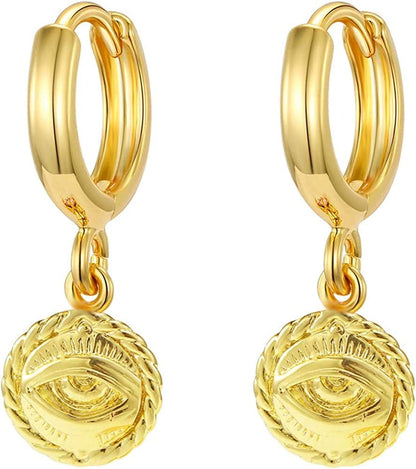 Gold Huggie Small Hoop Earrings with Charm Personalized Snake/Evil Eye/Star/Cross/Lock/Key 18K Gold Plated Crystal Drop Dangle Earrings for Women Evil Eye