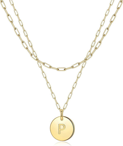 Gold Initial Necklaces for Women,14K Real Gold Filled Paperclip Link Chain Necklace Gold Coin Necklaces for Women Initial Necklace Layered Initial Necklaces for Women Teen Girl Jewelry P