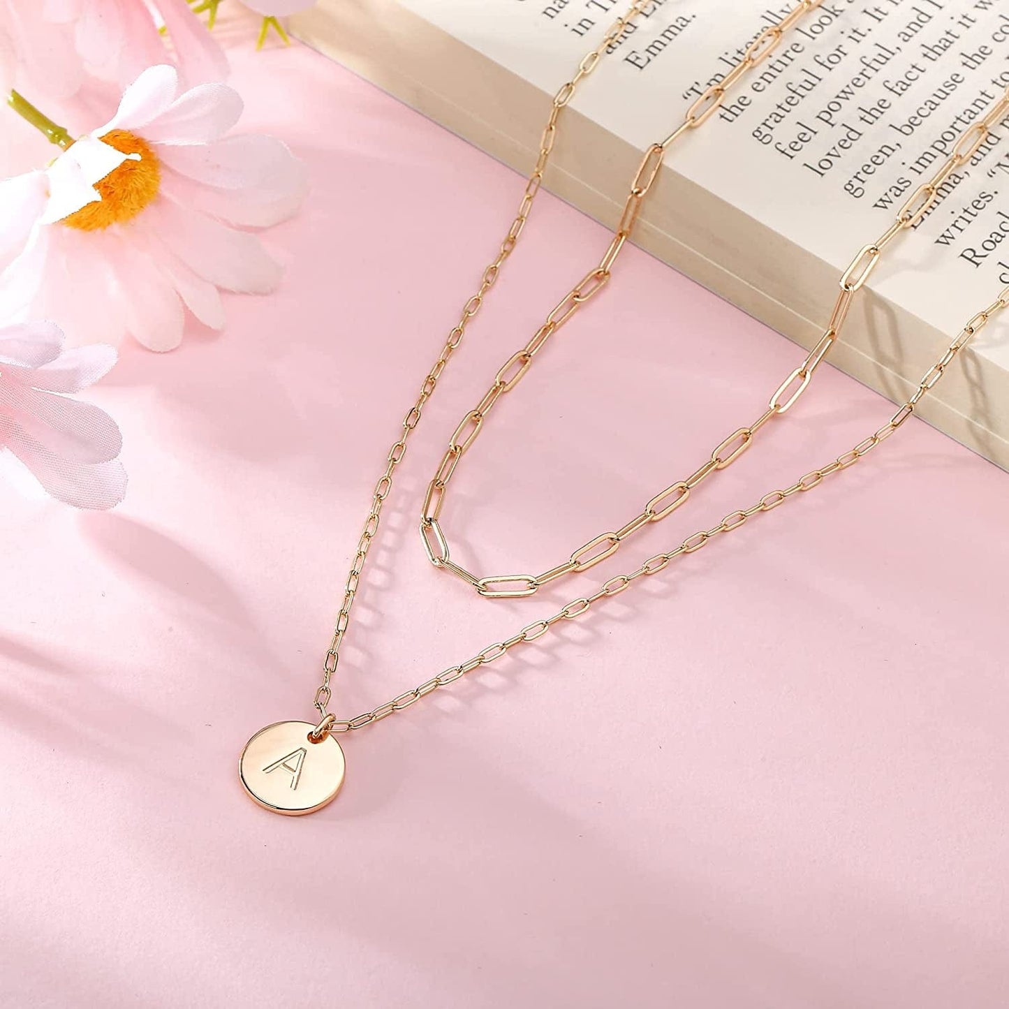 Gold Initial Necklaces for Women,14K Real Gold Filled Paperclip Link Chain Necklace Gold Coin Necklaces for Women Initial Necklace Layered Initial Necklaces for Women Teen Girl Jewelry