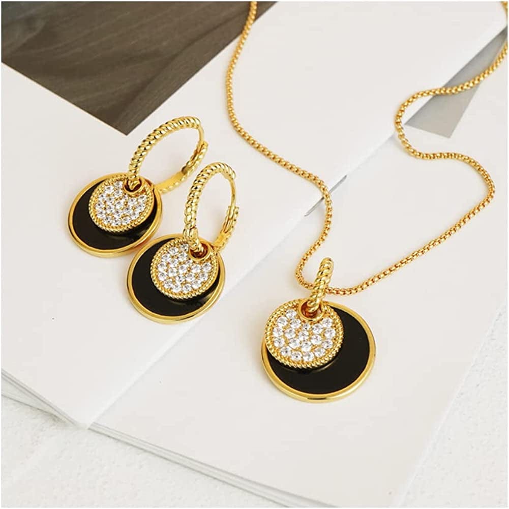 Gold Jewelry Sets for Women Girls CZ Stone Black Epoxy round Disc Pendant Necklace and Hoop Earrings Black Jewelry Set