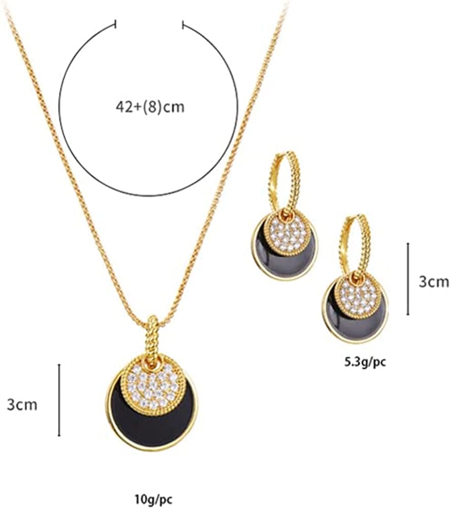 Gold Jewelry Sets for Women Girls CZ Stone Black Epoxy round Disc Pendant Necklace and Hoop Earrings Black Jewelry Set