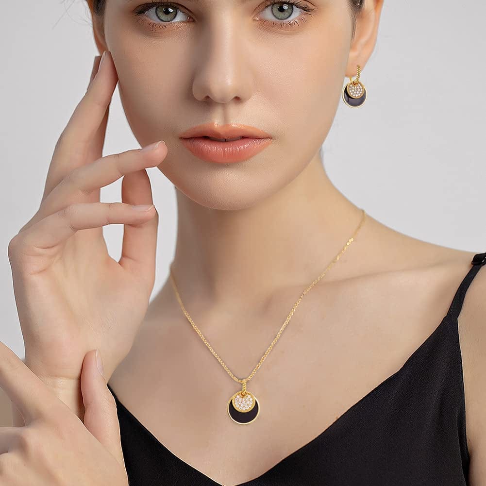 Gold Jewelry Sets for Women Girls CZ Stone Black Epoxy round Disc Pendant Necklace and Hoop Earrings Black Jewelry Set