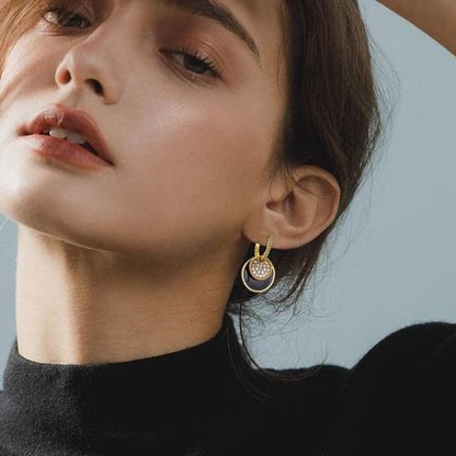 Gold Jewelry Sets for Women Girls CZ Stone Black Epoxy round Disc Pendant Necklace and Hoop Earrings Black Jewelry Set