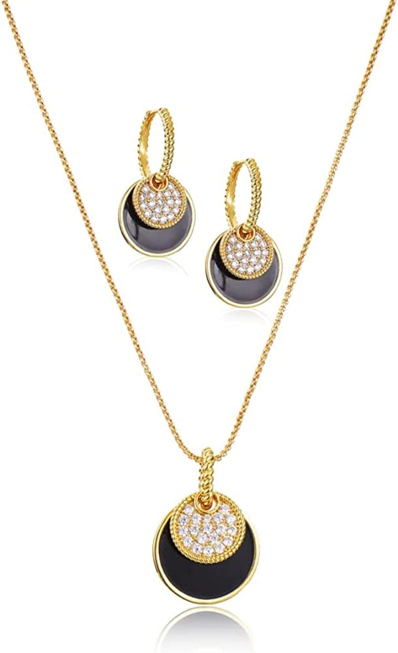Gold Jewelry Sets for Women Girls CZ Stone Black Epoxy round Disc Pendant Necklace and Hoop Earrings Black Jewelry Set