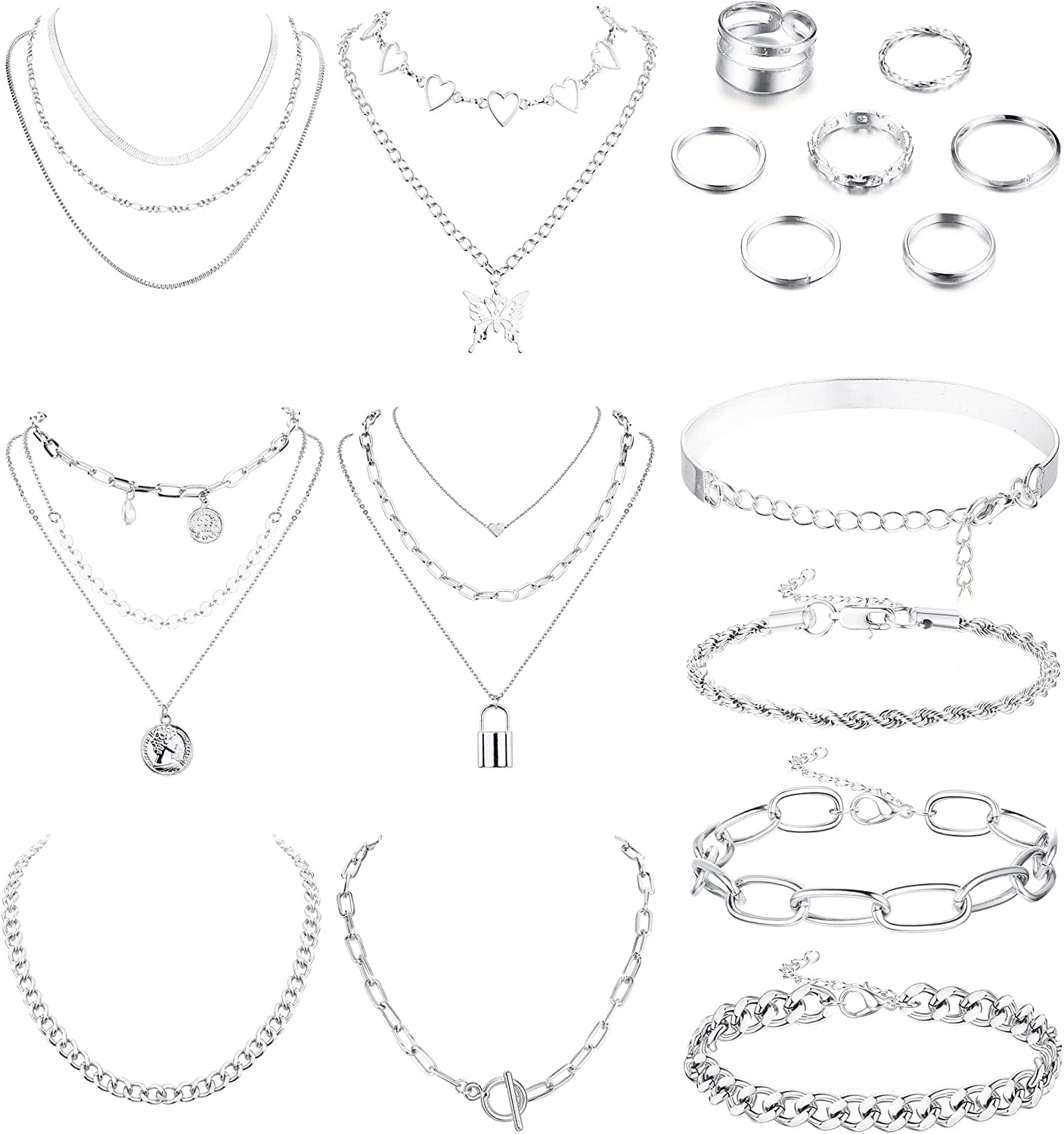 Gold Jewelry Sets for Women Gold Layered Necklaces Chunky Bracelets Knuckle Rings Set Costume Accessories Jewelry Silver Tone