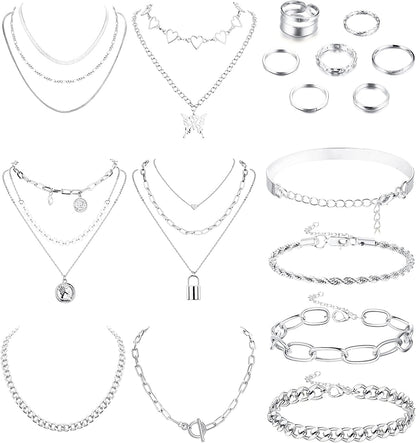 Gold Jewelry Sets for Women Gold Layered Necklaces Chunky Bracelets Knuckle Rings Set Costume Accessories Jewelry Silver Tone