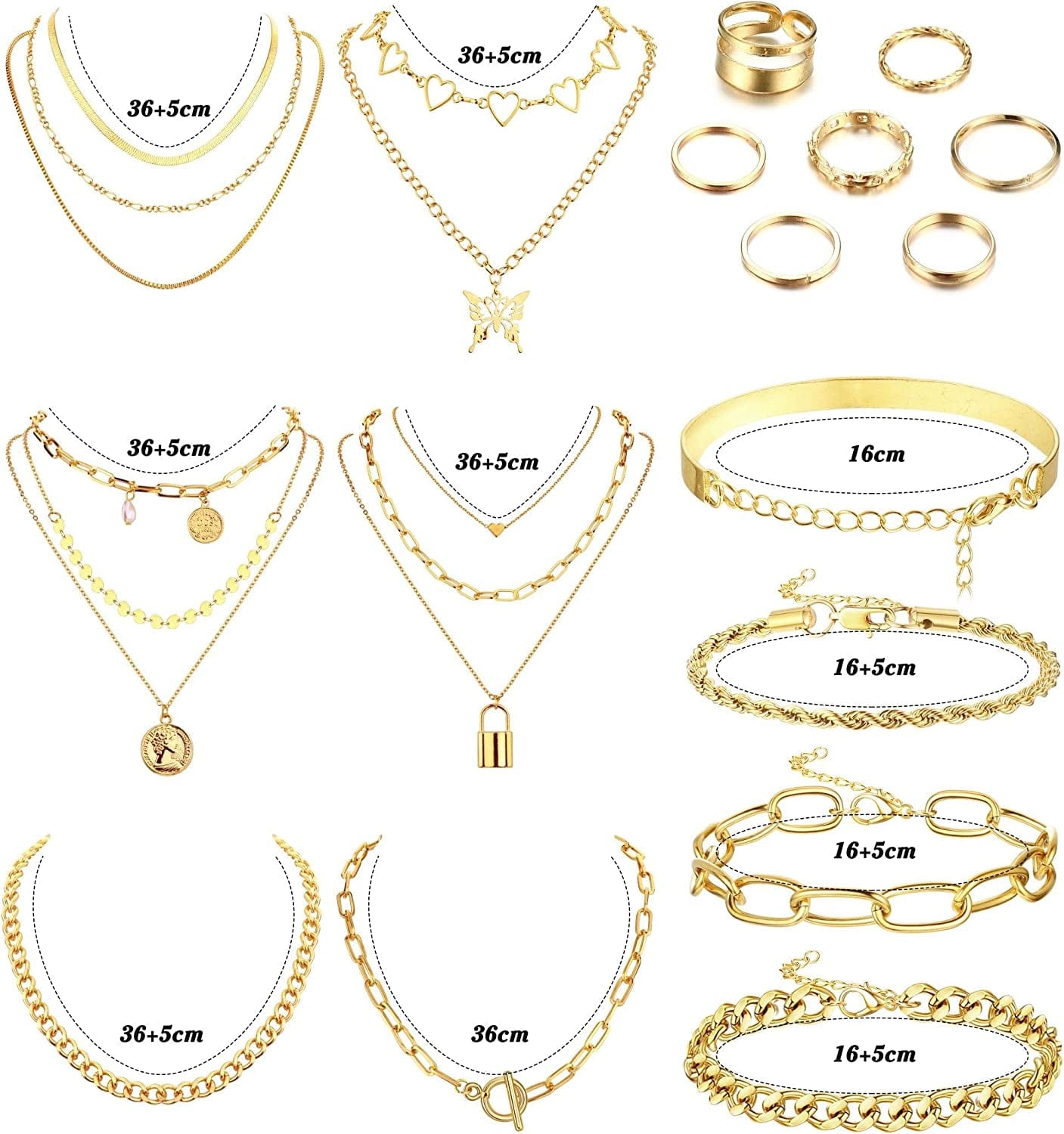 Gold Jewelry Sets for Women Gold Layered Necklaces Chunky Bracelets Knuckle Rings Set Costume Accessories Jewelry