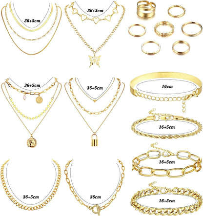Gold Jewelry Sets for Women Gold Layered Necklaces Chunky Bracelets Knuckle Rings Set Costume Accessories Jewelry