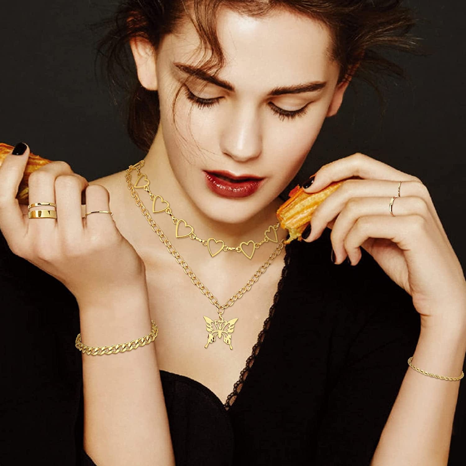 Gold Jewelry Sets for Women Gold Layered Necklaces Chunky Bracelets Knuckle Rings Set Costume Accessories Jewelry