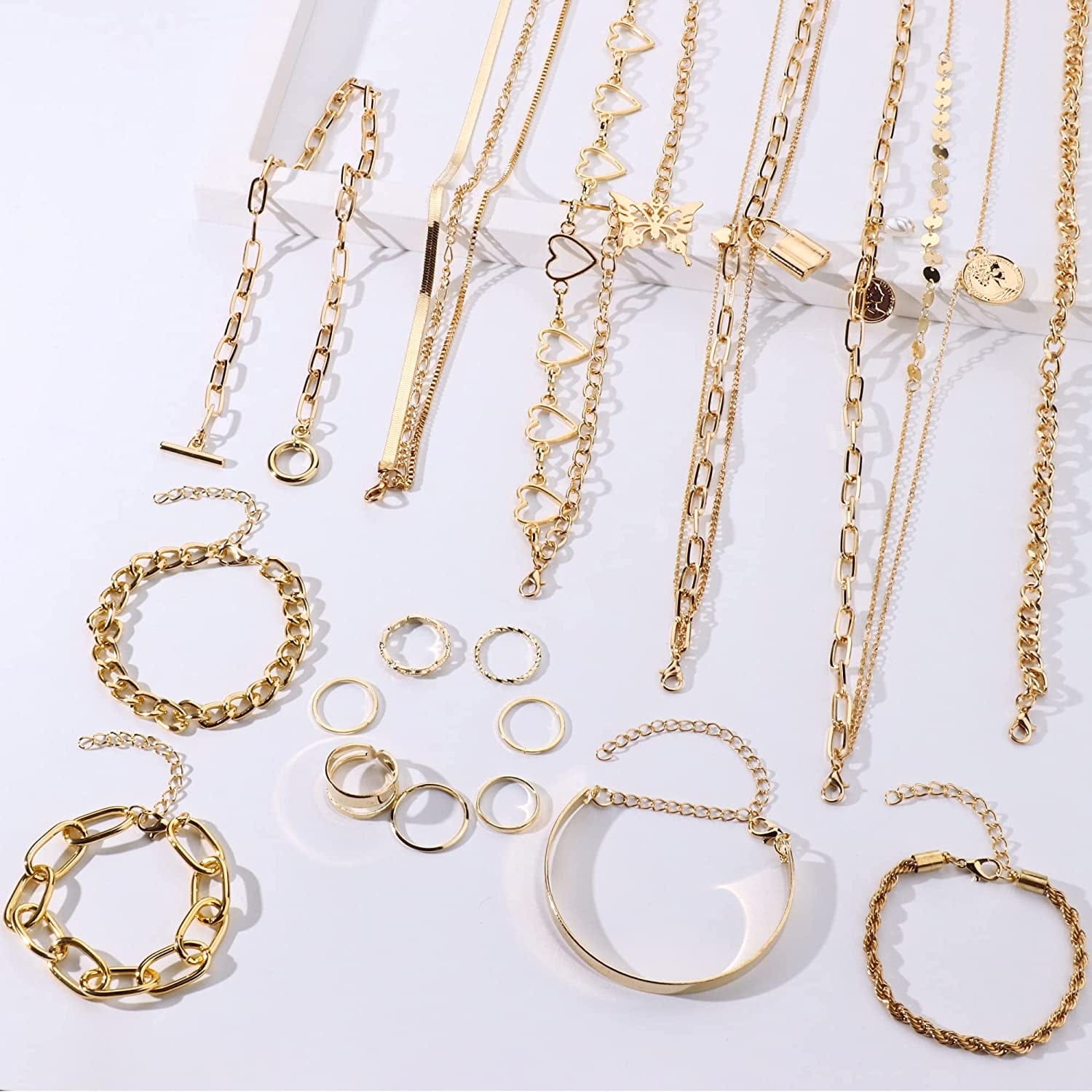 Gold Jewelry Sets for Women Gold Layered Necklaces Chunky Bracelets Knuckle Rings Set Costume Accessories Jewelry