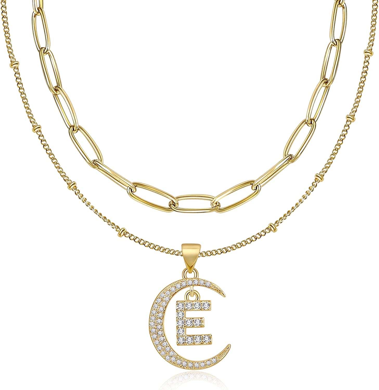 Gold Moon Initial Necklace for Women Cubic Zirconia Necklace Crescent Moon Letter a to Z Pendant Necklaces 14K Gold Plated Dainty Layered Paperclip Link Chain Choker Jewelry Gift for Her E