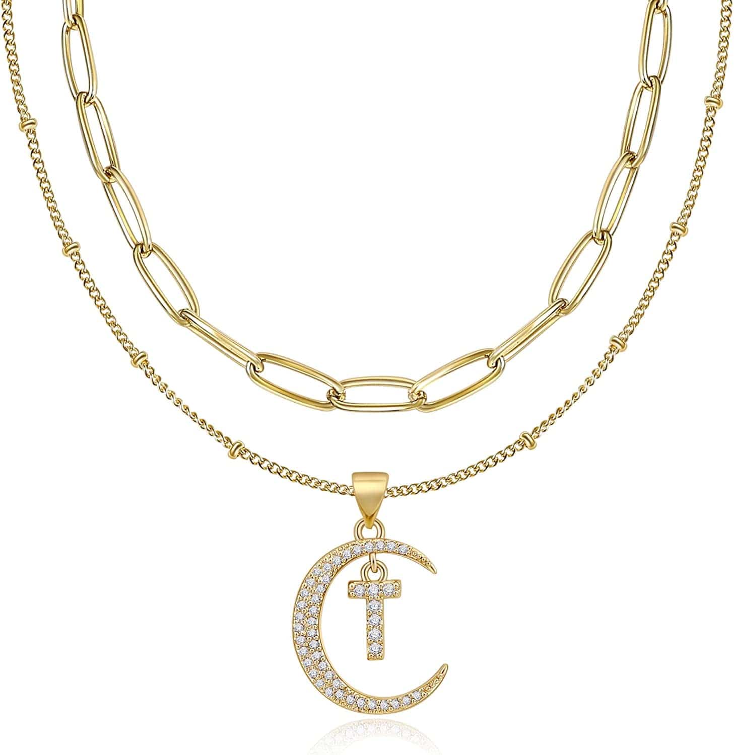 Gold Moon Initial Necklace for Women Cubic Zirconia Necklace Crescent Moon Letter a to Z Pendant Necklaces 14K Gold Plated Dainty Layered Paperclip Link Chain Choker Jewelry Gift for Her T