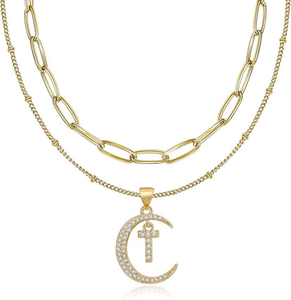 Gold Moon Initial Necklace for Women Cubic Zirconia Necklace Crescent Moon Letter a to Z Pendant Necklaces 14K Gold Plated Dainty Layered Paperclip Link Chain Choker Jewelry Gift for Her T