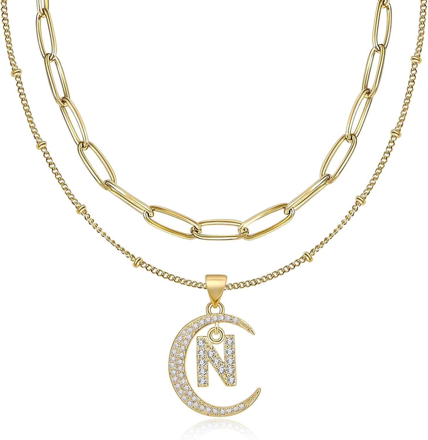 Gold Moon Initial Necklace for Women Cubic Zirconia Necklace Crescent Moon Letter a to Z Pendant Necklaces 14K Gold Plated Dainty Layered Paperclip Link Chain Choker Jewelry Gift for Her N