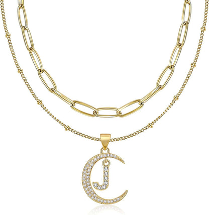 Gold Moon Initial Necklace for Women Cubic Zirconia Necklace Crescent Moon Letter a to Z Pendant Necklaces 14K Gold Plated Dainty Layered Paperclip Link Chain Choker Jewelry Gift for Her J initial necklace