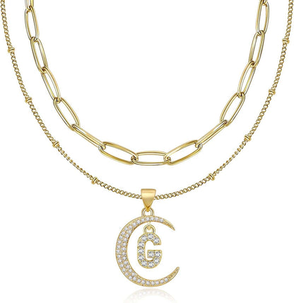 Gold Moon Initial Necklace for Women Cubic Zirconia Necklace Crescent Moon Letter a to Z Pendant Necklaces 14K Gold Plated Dainty Layered Paperclip Link Chain Choker Jewelry Gift for Her G Initial Necklace
