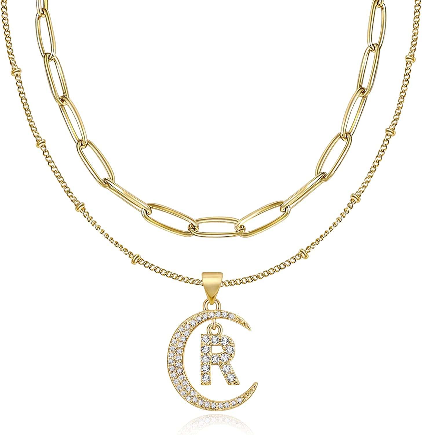 Gold Moon Initial Necklace for Women Cubic Zirconia Necklace Crescent Moon Letter a to Z Pendant Necklaces 14K Gold Plated Dainty Layered Paperclip Link Chain Choker Jewelry Gift for Her R