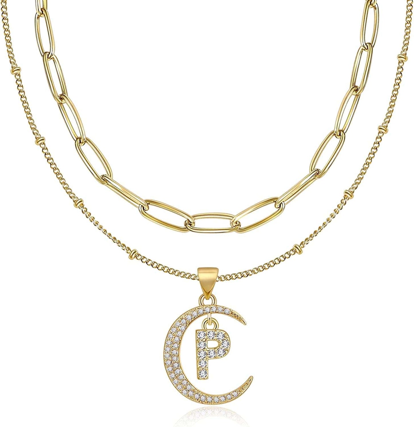 Gold Moon Initial Necklace for Women Cubic Zirconia Necklace Crescent Moon Letter a to Z Pendant Necklaces 14K Gold Plated Dainty Layered Paperclip Link Chain Choker Jewelry Gift for Her P