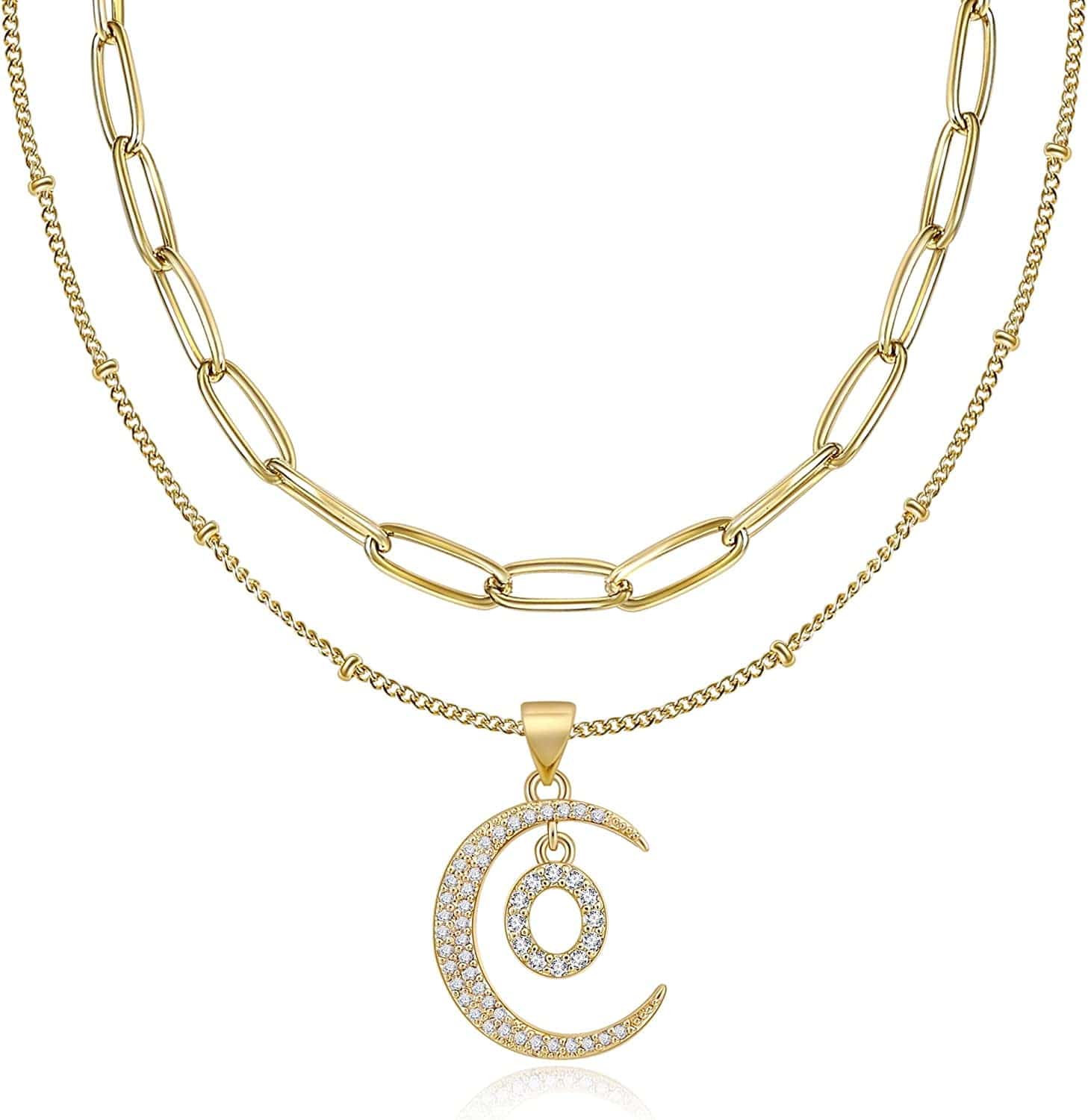 Gold Moon Initial Necklace for Women Cubic Zirconia Necklace Crescent Moon Letter a to Z Pendant Necklaces 14K Gold Plated Dainty Layered Paperclip Link Chain Choker Jewelry Gift for Her O